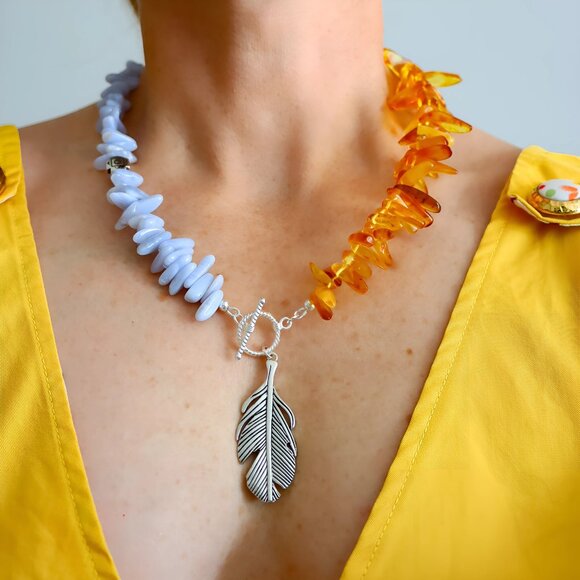 Amber & Agate Feather Pendant Necklace - Picture 1 of 10